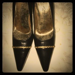 New St. John Black Leather Pumps with Gold Design